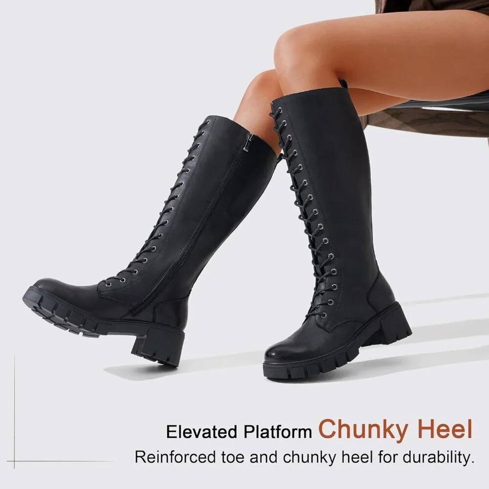 Women's Leather-black 953 Chunky Platform Heel Lace Knee High Combat Boots
